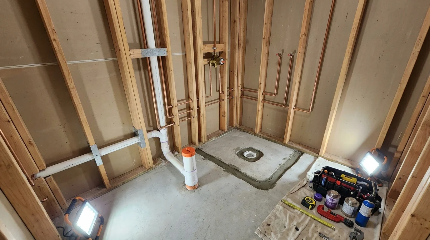 Bathroom rough-in plumbing during remodel by Johns Plumbing LLC in Warner Robins