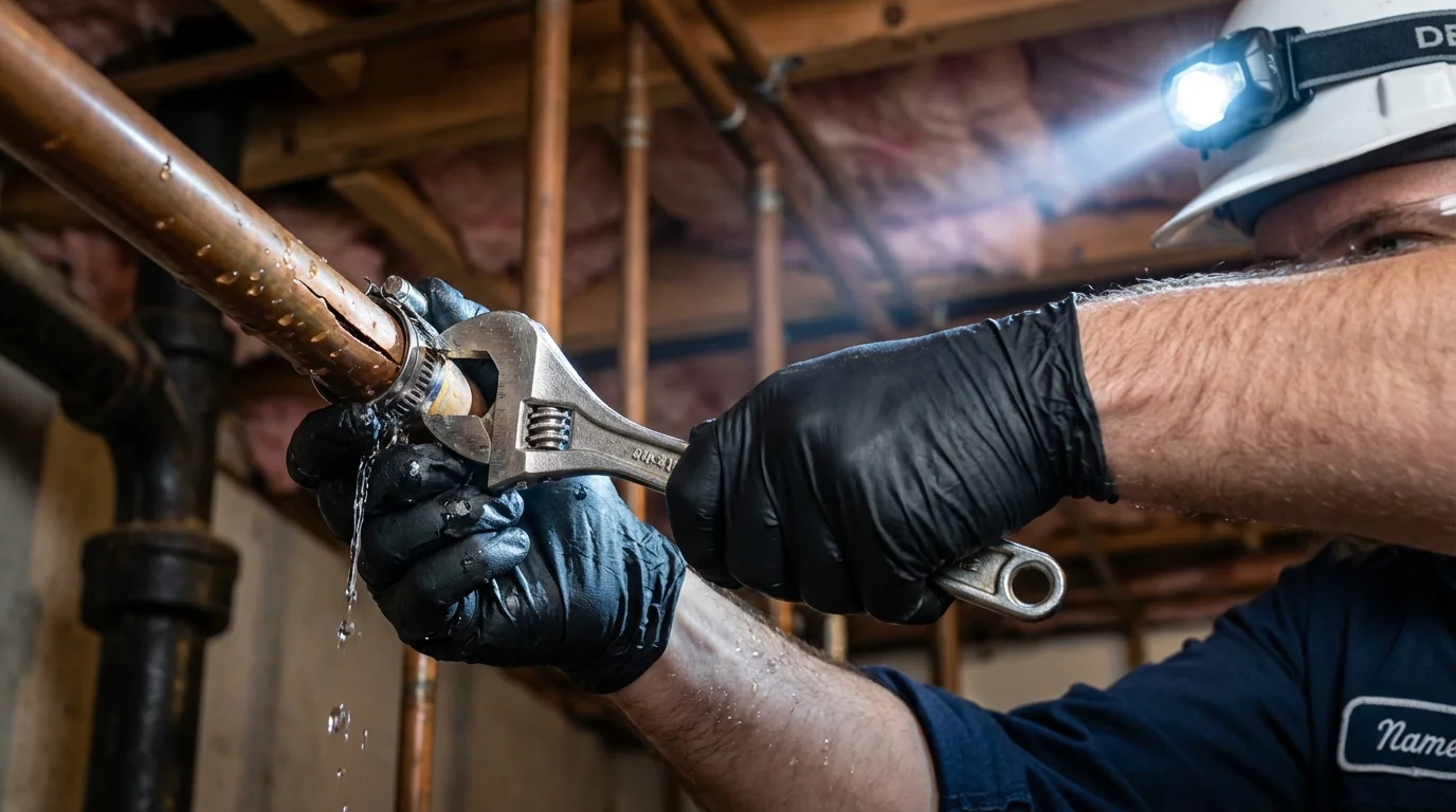 Emergency pipe clamp repair being performed by a Johns Plumbing LLC plumber in Warner Robins