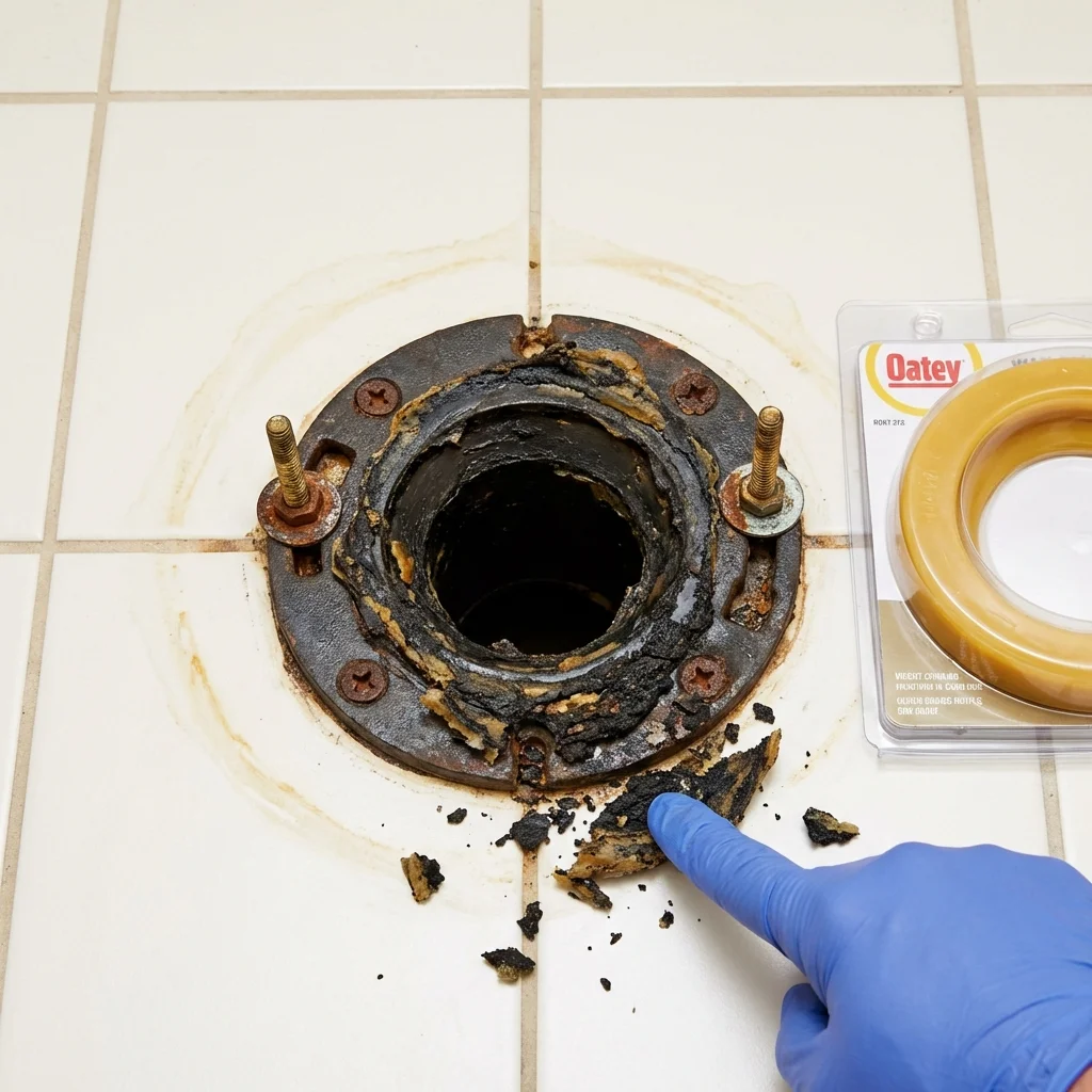 Failed wax ring showing water seepage at the base of a toilet in a Warner Robins, GA home