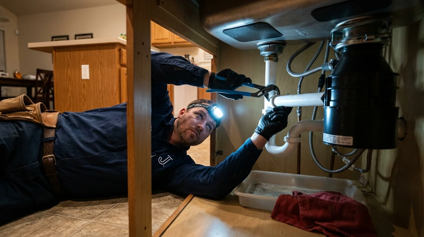 P-trap and supply line connections under a kitchen sink showing a common leak point in Warner Robins, GA